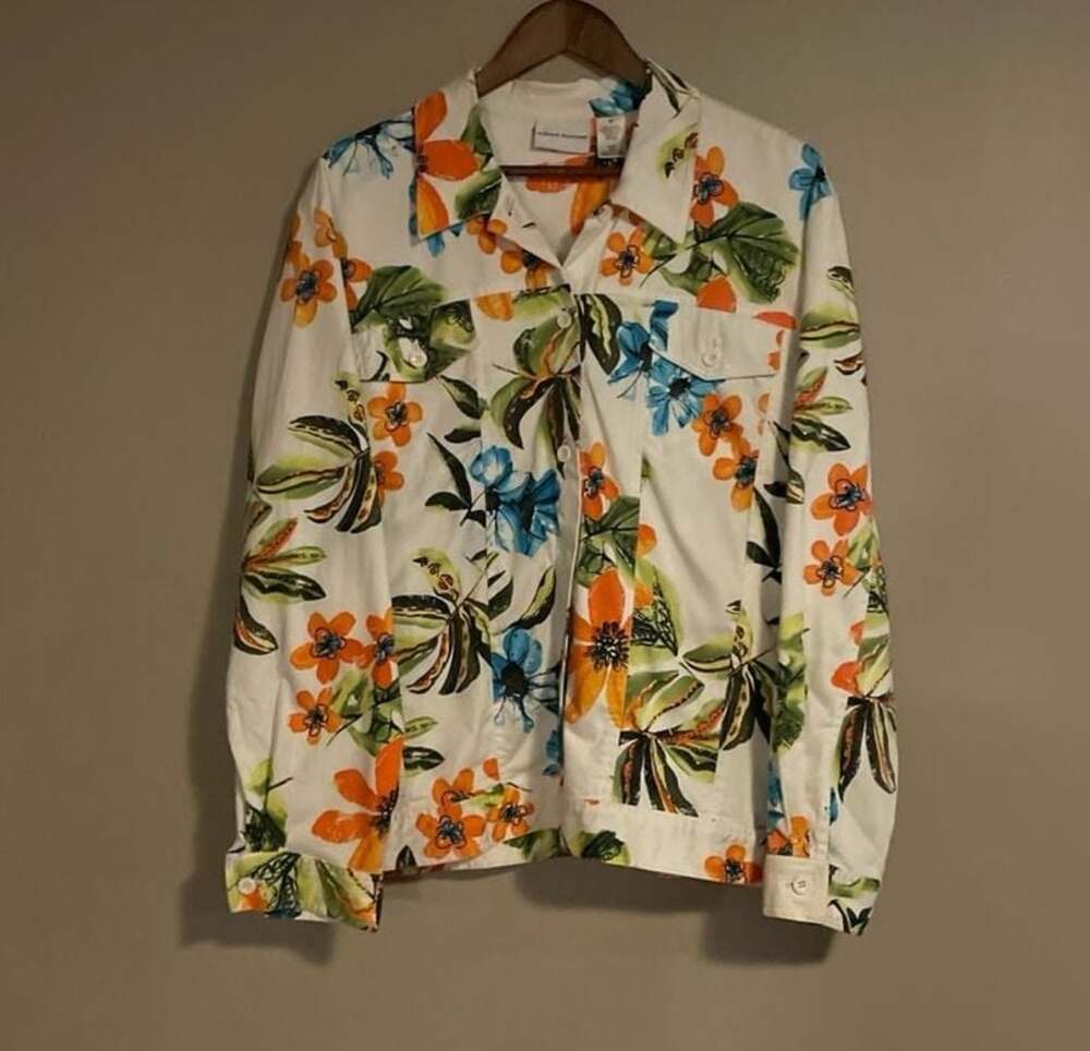 Alfred Dunner Tropical Floral Print Denim Style Button Up Jacket Size 20